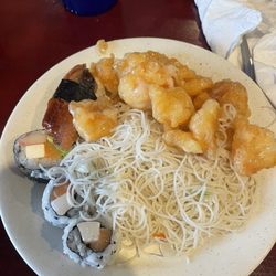 Hibachi Grill Supreme Buffet - My plate of coconut chicken, salmon rolls, noodles, and eel nigiri