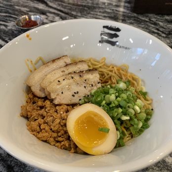 E Ramen + - AMAZE-MEN $13.00 Broth-less, ground pork, pork belly, egg, chili oil, scallion, sesame seed. Gluten-free option available. - Ramen Near Me - Atlanta, Georgia