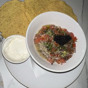Bocado: Un Petit Bistro - Flor ceviche (the lighting does this dish no justice... a vegan style ceviche packed with flavor!) - Creperies Near Me - Pleasanton, California