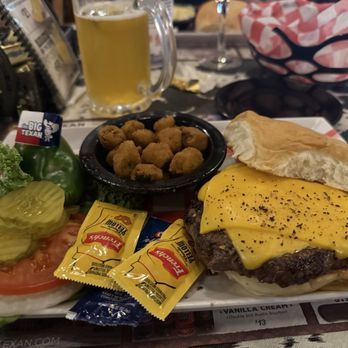 The Big Texan Steak Ranch - 1/2 lb cheeseburger and fried okra - Steakhouses Near Me - Amarillo, Texas The Big Texan Steak Ranch - 1/2 lb cheeseburger and fried okra - Steakhouses Near Me - Amarillo, Texas