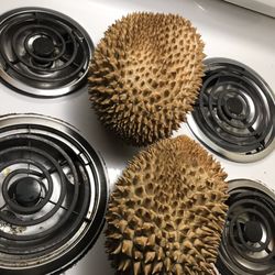 Golden Land Food Market - Thawing out durian next to the stove burners