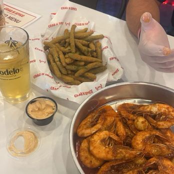 Crab N Spice - Fried green beans & Cajun shrimp! Not pictured, the epic hot fries! SO yum! - Seafood Near Me - Corona, California