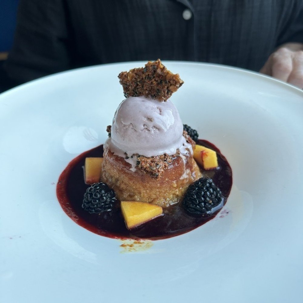 Waterbar - Peach Upside Down Almond Cake with large, plump blackberries & blackberry ice cream, and a quinoa brittle for crust. Crunchy & good! - Seafood Near Me - San Francisco, California Waterbar - Peach Upside Down Almond Cake with large, plump blackberries & blackberry ice cream, and a quinoa brittle for crust. Crunchy & good! - Seafood Near Me - San Francisco, California