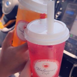 Peach Tea with Mango Popping on the left and Dragon Fruit Bliss on the right Peach Tea with Mango Popping on the left and Dragon Fruit Bliss on the right