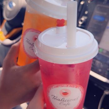 Tealicious Cafe - Peach Tea with Mango Popping on the left and Dragon Fruit Bliss on the right - Bubble Tea Near Me - St. Petersburg, Florida Tealicious Cafe - Peach Tea with Mango Popping on the left and Dragon Fruit Bliss on the right - Bubble Tea Near Me - St. Petersburg, Florida