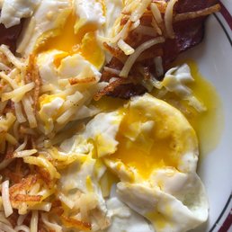 bacon, eggs, hash browns, and hash browns