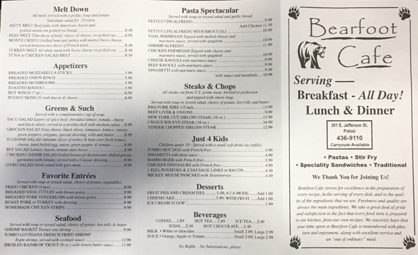 Menu photo 1 Bearfoot Cafe Potosi, MO