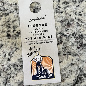 Legends Lawn And Landscape - a business card on a granite counter - Lawn Services Near Me Legends Lawn And Landscape - a business card on a granite counter - Lawn Services Near Me