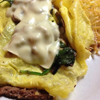 Nancy's Airport Cafe - The Popeye Skillet. Spinach, Mushrooms, Swiss Cheese and I substituted the Bacon for Ground Beef. - American Near Me - Willows, California Nancy's Airport Cafe - The Popeye Skillet. Spinach, Mushrooms, Swiss Cheese and I substituted the Bacon for Ground Beef. - American Near Me - Willows, California