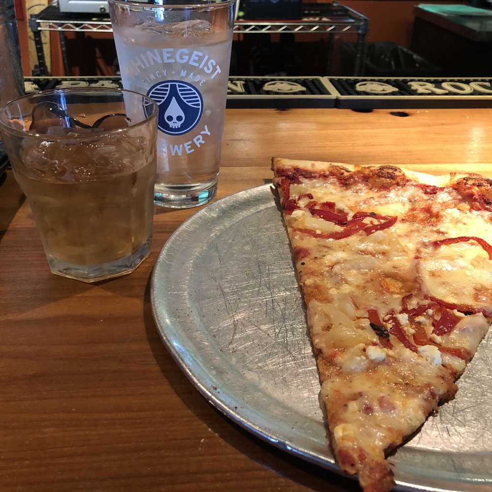The Post - Slice of the day (roasted red pepper, pineapple, and feta) and an Old Forrester on the rocks. $9! - Pizza Near Me - Louisville, Kentucky The Post - Slice of the day (roasted red pepper, pineapple, and feta) and an Old Forrester on the rocks. $9! - Pizza Near Me - Louisville, Kentucky