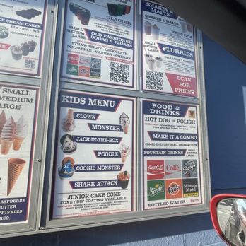 Dairy Belle - Menu board at Dairy Belle features ice cream, slush, shakes, malts, and kids' menu with colorful images and QR codes for prices. - Ice Cream & Frozen Yogurt Near Me - Hammond, Indiana