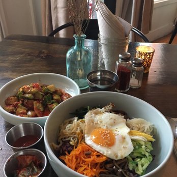 Sunhee's Farm and Kitchen - Bibimbap, served with cabbage kimchi and gochujang.  Special cucumber kimchi on the side. - Korean Near Me - Troy, New York