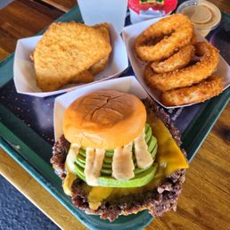 Space Jam Cheese Burger. Moonsticks and Onion rings. Space Jam Cheese Burger. Moonsticks and Onion rings.