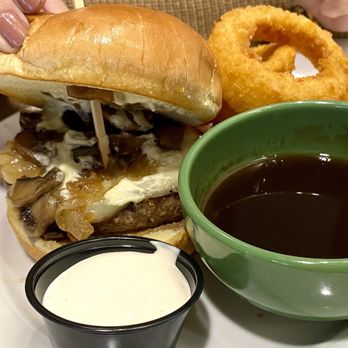 Ground Round Grill & Bar - Mushroom Swiss burger & onion rings - Burgers Near Me - Perrysburg, Ohio Ground Round Grill & Bar - Mushroom Swiss burger & onion rings - Burgers Near Me - Perrysburg, Ohio