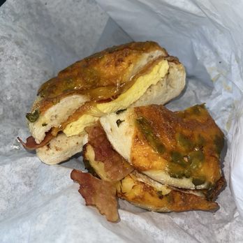 East Coast Bagel - Bacon and cheddar on Cheesy Bagel, Cheesy Jalapeno - Bagels Near Me - Irvine, California