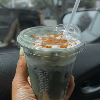 Littlefoot Matcha - Peach Cobbler Matcha topped w/Biscoff Crust - Coffee & Tea Near Me - Raleigh, North Carolina Littlefoot Matcha - Peach Cobbler Matcha topped w/Biscoff Crust - Coffee & Tea Near Me - Raleigh, North Carolina