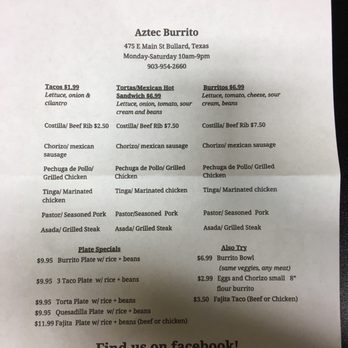 Aztec Burrito - Menu - Mexican Near Me - Bullard, Texas Aztec Burrito - Menu - Mexican Near Me - Bullard, Texas