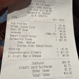 Inconsistent pricing, charged for an item we never ordered and that was incorrectly brought to our table, proper meal was never served Inconsistent pricing, charged for an item we never ordered and that was incorrectly brought to our table, proper meal was never served