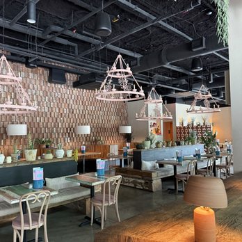 Dos Santos - indoor pink chandeliers and plants - Mexican Near Me - Nashville, Tennessee