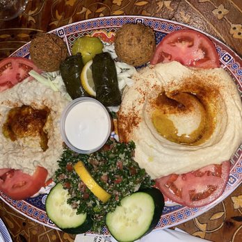 Ali Baba - Sampler Stuffed Grape Leaves, baba ghanoush, Hommus, Falafel - Mediterranean Near Me - Newark, Delaware