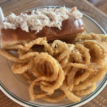 Bunker Seafood and Spirits - Crabmeat roll with homemade onion rings - Seafood Near Me - Birch Harbor, Maine