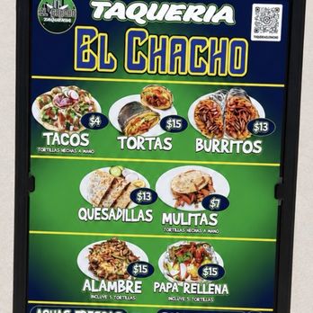 Taqueria El Chacho - Sign render I saw from their IG with pricing. Can confirm tacos are $4 at the time of this review 08/05/26 - Tacos Near Me - Santa Clara, California Taqueria El Chacho - Sign render I saw from their IG with pricing. Can confirm tacos are $4 at the time of this review 08/05/26 - Tacos Near Me - Santa Clara, California