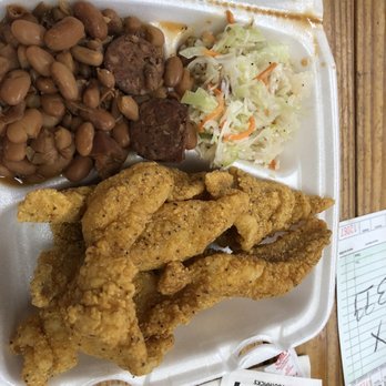 Vincek's Smokehouse - Catfish lunch special with pinto beans and coleslaw - Meat Shops Near Me - East Bernard, Texas