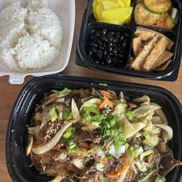 Lunch special japchae (jab chae) with beef, rice, and banchan (radish, cucumber, soy beans, and fish cakes) Lunch special japchae (jab chae) with beef, rice, and banchan (radish, cucumber, soy beans, and fish cakes)