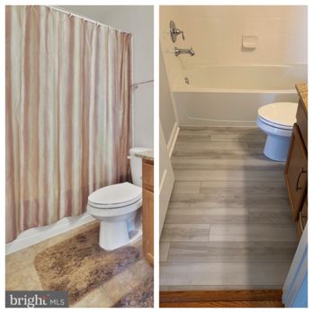 Floors and Designs - Bathroom before (vinyl), after (LVP - Karastan Iced KHS02-175) - Flooring Near Me - Burke, Virginia Floors and Designs - Bathroom before (vinyl), after (LVP - Karastan Iced KHS02-175) - Flooring Near Me - Burke, Virginia