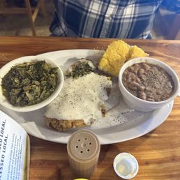Chicken fried steak with turnip greens and pinto beans