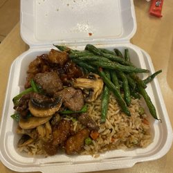 Pei Wei - Green beans, sesame chicken and Mongolian beef and mushrooms