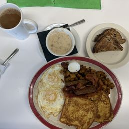 2 timer #3 with a side of gravy and side of raisin toast. 2 timer #3 with a side of gravy and side of raisin toast.