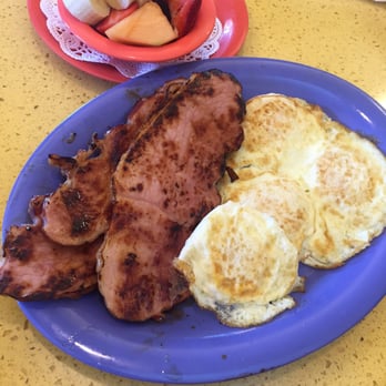 Polly's Pies - Ham steak, over medium eggs and fruit. Breakfast 3/18/2016 - American Near Me - Norco, California Polly's Pies - Ham steak, over medium eggs and fruit. Breakfast 3/18/2016 - American Near Me - Norco, California
