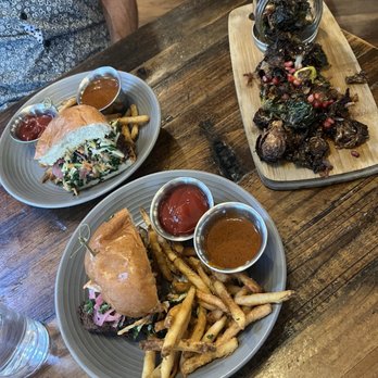 Cook & Craft - High Street - Split Louisiana hot chicken sandwich and brussel sprouts. - New American Near Me - Phoenix, Arizona