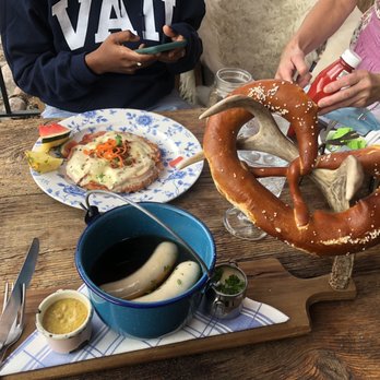 Alpenrose Vail - Pretzel and Cheese, Weisswurst, and Kartoffelpuffer (Potato Pancake) - German Near Me - Vail, Colorado Alpenrose Vail - Pretzel and Cheese, Weisswurst, and Kartoffelpuffer (Potato Pancake) - German Near Me - Vail, Colorado