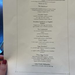Menu for the included breakfast