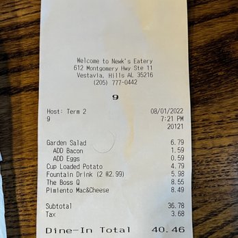 Newk's Eatery - the receipt for the restaurant - Sandwiches Near Me - Vestavia Hills, Alabama