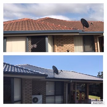 Brisco Roofing - Back of the House, Before roof clean and after the roof restoration using Nutech Deep Ocean - Roofing Near Me