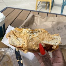 Inside the crabby bagel .