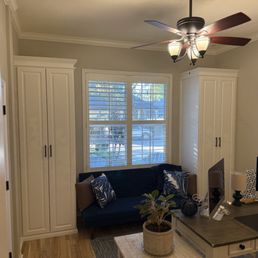 Two wardrobes with ample shelving and storage help complete our home office and add a custom look to the space. Two wardrobes with ample shelving and storage help complete our home office and add a custom look to the space.