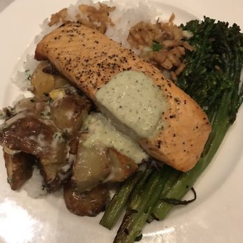 Earls Kitchen + Bar - Oven Roasted Salmon with side of potato salad - Cocktail Bars Near Me - Denver, Colorado Earls Kitchen + Bar - Oven Roasted Salmon with side of potato salad - Cocktail Bars Near Me - Denver, Colorado