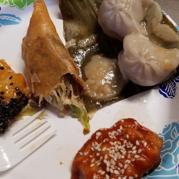 The Eastern Pearl - Combination of the steak egg rolls Schezuan dumplings broth buns (you can see the bottoms stuck to the leaf) and Rocky shrimp - Cantonese Near Me - Buffalo, New York The Eastern Pearl - Combination of the steak egg rolls Schezuan dumplings broth buns (you can see the bottoms stuck to the leaf) and Rocky shrimp - Cantonese Near Me - Buffalo, New York