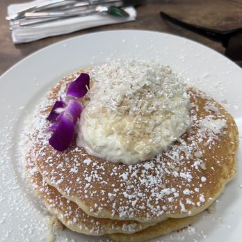 Guieb Cafe - Pancakes with haupia mascarpone and coconut flakes. - New American Near Me - Honolulu, Hawaii Guieb Cafe - Pancakes with haupia mascarpone and coconut flakes. - New American Near Me - Honolulu, Hawaii