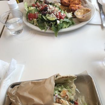 Lemon Zest Cafe - Top: Chicken Kabob Lunch Special w/Greek Salad & Grape Leaves Diet Coke Bottom: Chicken Gyro w/Water - Mediterranean Near Me - Glendale, California
