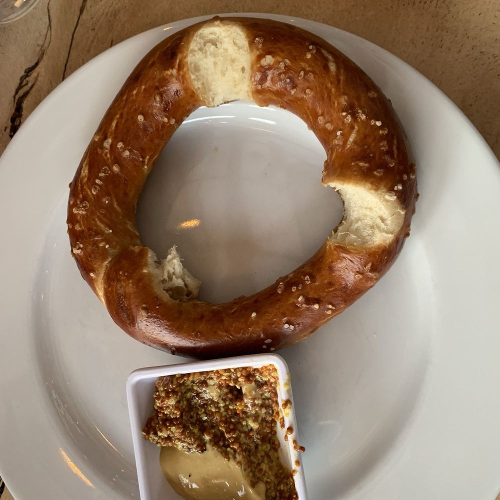Beda's Biergarten - Pretzel with mustard - German Near Me - San Luis Obispo, California Beda's Biergarten - Pretzel with mustard - German Near Me - San Luis Obispo, California