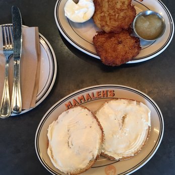 Mamaleh's Delicatessen - 4.6.17 Sesame bagel with cream cheese and kid's portion potato latkes - Delis Near Me - Cambridge, Massachusetts