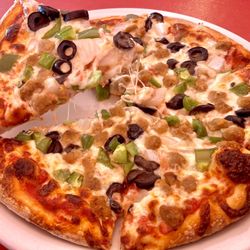 Leo’s Pizzeria - Small cheese pizza, w/ sausage, onions, blk olives, grn peppers. All ingredients fresh, and delish!