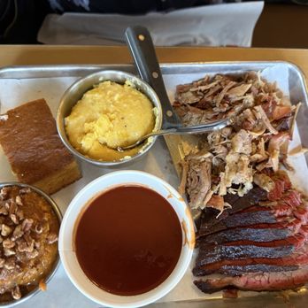 BJ's Nevada Barbecue - Combo Barbecue Platter with pulled pork and brisket done right. My wife's. - Barbeque Near Me - Sparks, Nevada BJ's Nevada Barbecue - Combo Barbecue Platter with pulled pork and brisket done right. My wife's. - Barbeque Near Me - Sparks, Nevada