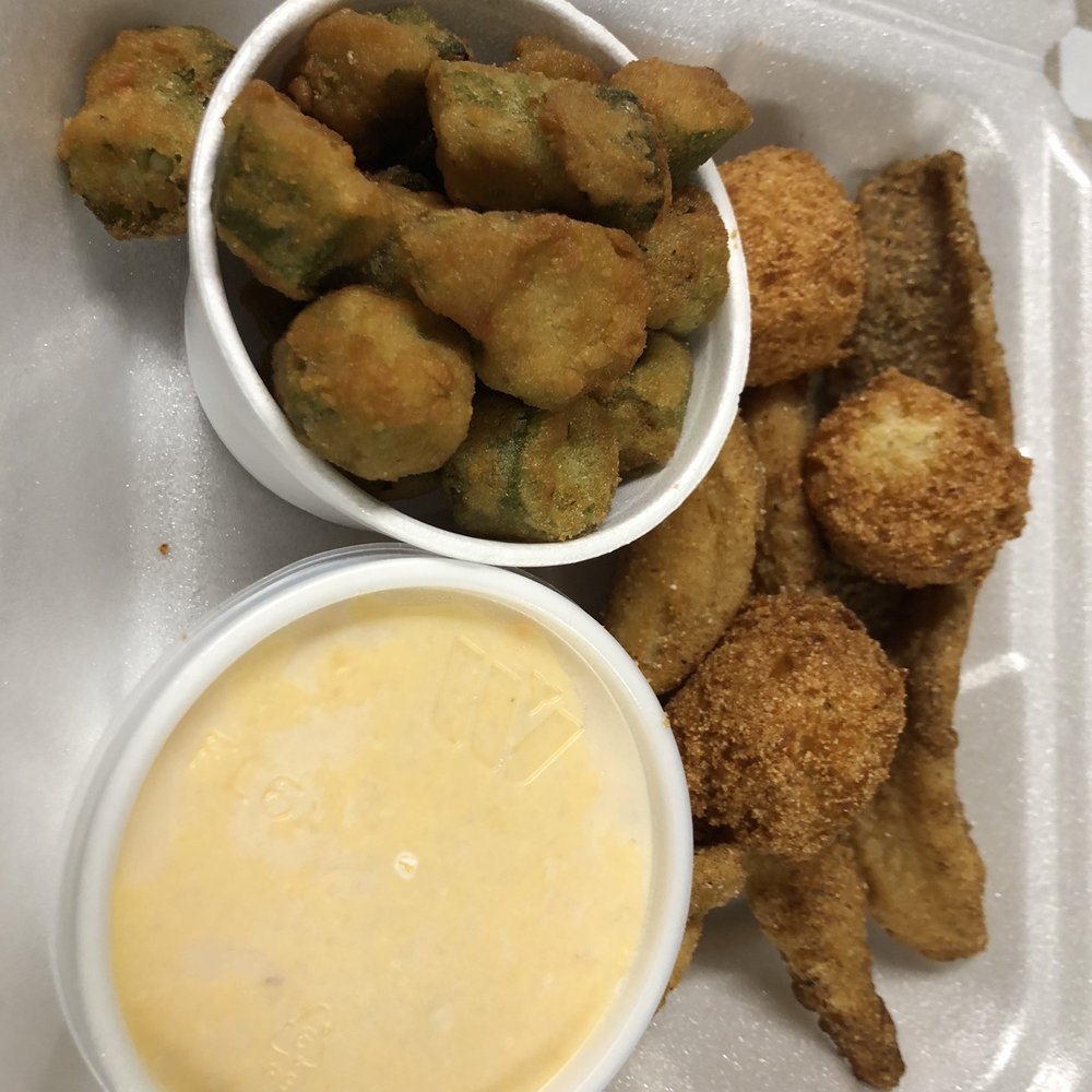 Catfish filet, fried okra, cheese grits Catfish filet, fried okra, cheese grits