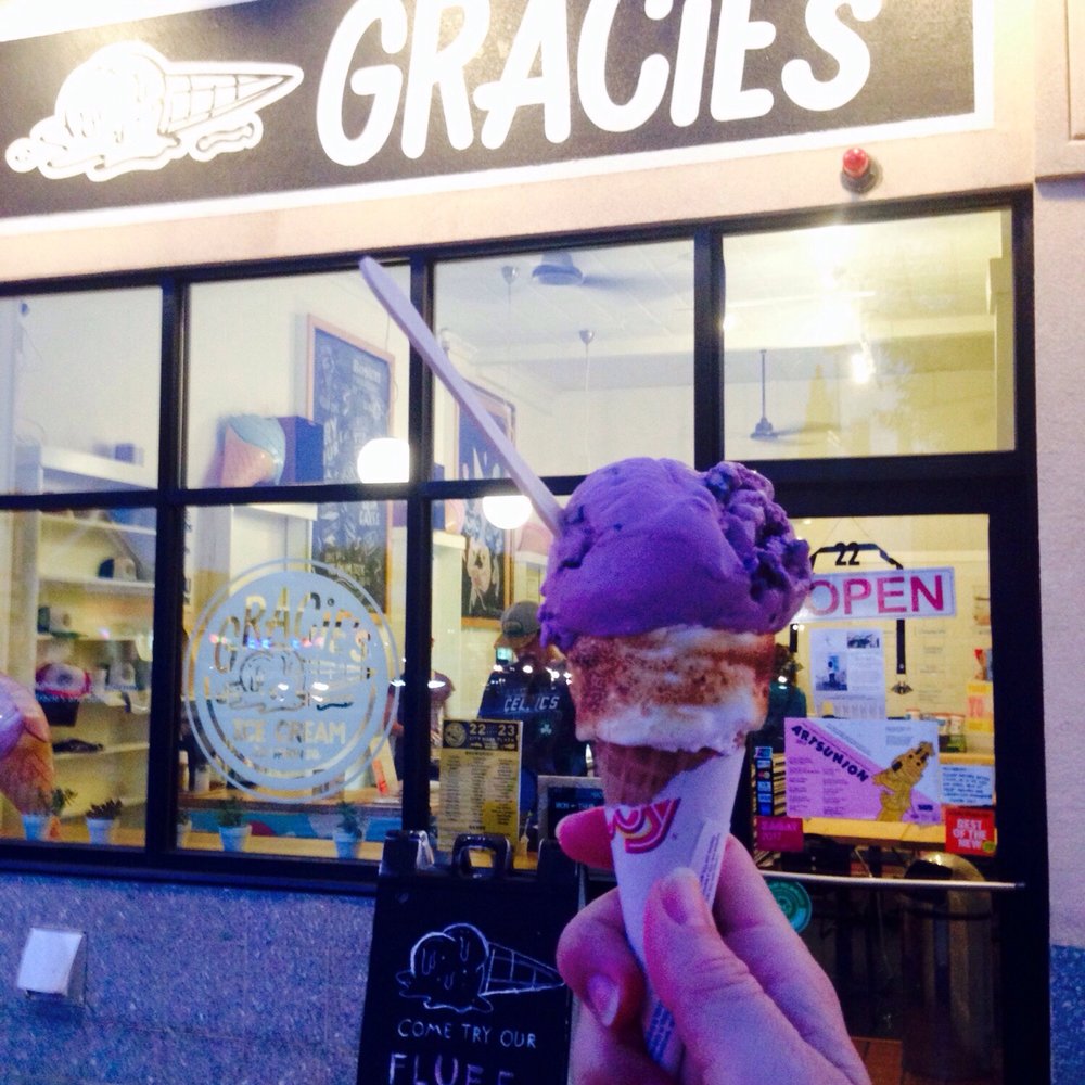Gracie's Ice Cream - Black Raspberry Chip in a toasted fluff cone - Ice Cream & Frozen Yogurt Near Me - Somerville, Massachusetts Gracie's Ice Cream - Black Raspberry Chip in a toasted fluff cone - Ice Cream & Frozen Yogurt Near Me - Somerville, Massachusetts